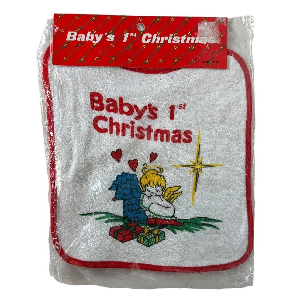 Vintage 1980s Baby's First Christmas Bib Angel Hugging‎ Lamb Terry Cloth